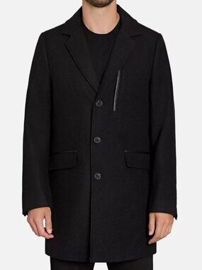 Sam Edelman Men's Black Faux-Leather Trim Overcoat Jacket Coat Size XL